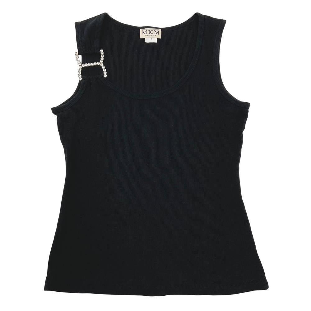 90s MKM Designs Rhinestone Tank Top Sleeveless Cotton Ribbed‎ Black Top Size S